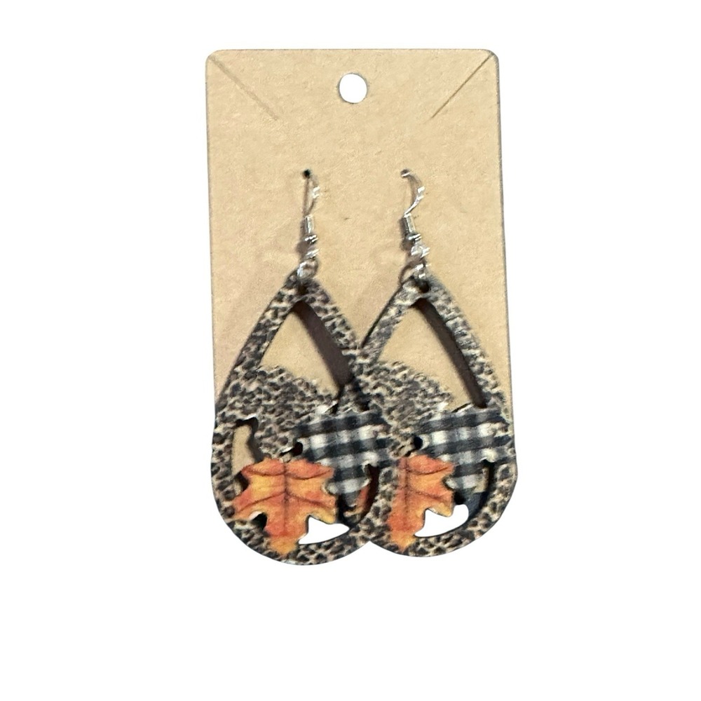 Faux Leather‎ Fall Teardrop Earrings Leopard Buffalo Plaid Pumpkin Maple Leaf